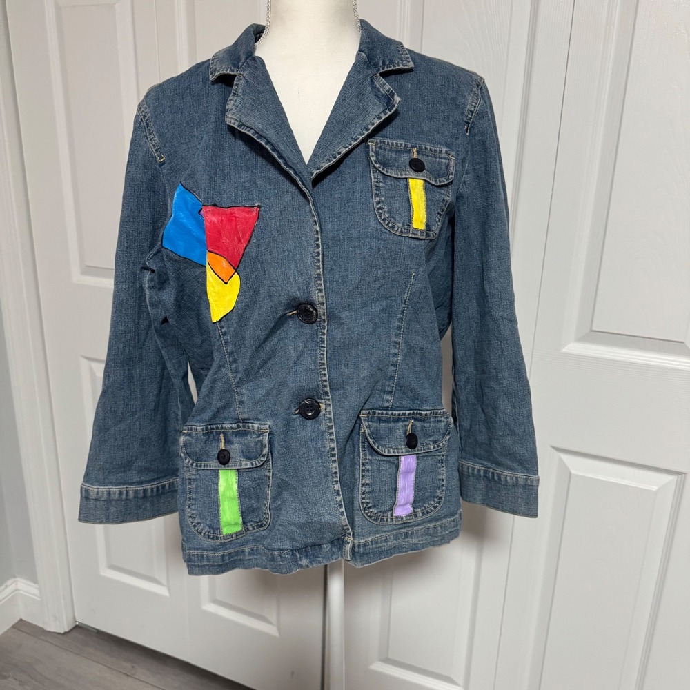 Crazy Horse Liz Claiborne Denim Jacket Painted Mushroom Vintage 90s Stretch M L